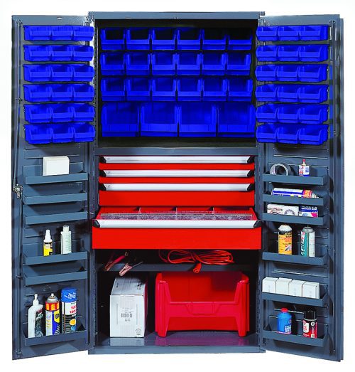 The Quantum Heavy-Duty 36 Bin Cabinet, with a size of 36W x 24D x 72H, features red drawers measuring up to 31W x 16D x 6H. It comes with adjustable and door shelves to organize tools and cans effectively, supported by an all-welded construction for durability.