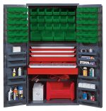 The Quantum Heavy-Duty 36 Bin Cabinet boasts a 14 gauge all-welded construction, green bins on top, and a central red drawer measuring 31W x 16D x 5H. It features side shelves for bottles, tools, and cables, finished with a bottom red container.
