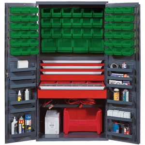 The Quantum Heavy-Duty 36 Bin Cabinet boasts a 14 gauge all-welded construction, green bins on top, and a central red drawer measuring 31W x 16D x 5H. It features side shelves for bottles, tools, and cables, finished with a bottom red container.
