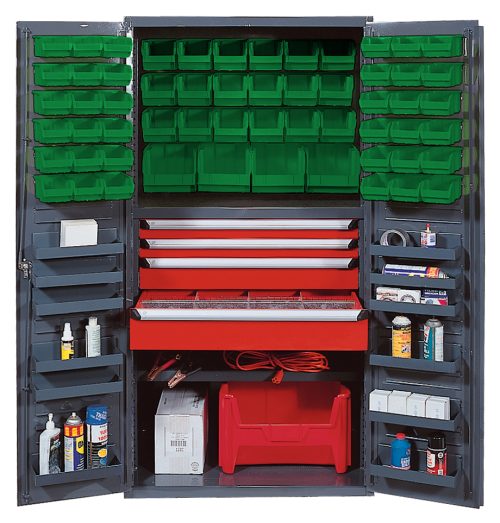 The Quantum Heavy-Duty 36 Bin Cabinet boasts a 14 gauge all-welded construction, green bins on top, and a central red drawer measuring 31W x 16D x 5H. It features side shelves for bottles, tools, and cables, finished with a bottom red container.