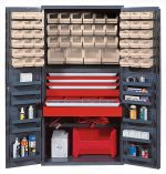 The Quantum Heavy-Duty 36 Bin Cabinet, with a sturdy 800 lb. shelf capacity and robust welded construction, has adjustable shelves and door organizers. It includes red drawers and ivory bins for efficient storage of spray bottles, boxes, coiled hoses, and small parts in its versatile compartments.