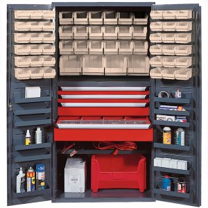 The Quantum Heavy-Duty 36 Bin Cabinet, with a sturdy 800 lb. shelf capacity and robust welded construction, has adjustable shelves and door organizers. It includes red drawers and ivory bins for efficient storage of spray bottles, boxes, coiled hoses, and small parts in its versatile compartments.