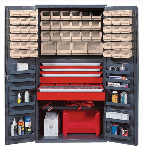 The Quantum Heavy-Duty 36 Bin Cabinet, with a sturdy 800 lb. shelf capacity and robust welded construction, has adjustable shelves and door organizers. It includes red drawers and ivory bins for efficient storage of spray bottles, boxes, coiled hoses, and small parts in its versatile compartments.