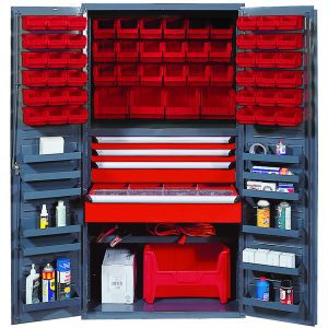 The Quantum Heavy-Duty 36 Bin Cabinet, with an 800 lb. capacity per interior shelf, features a 14 gauge all-welded construction and contains multiple door shelves, drawers of various sizes, and several red bins for organized tool storage. It measures 36W x 24D x 72H with a gray powder-coated finish.