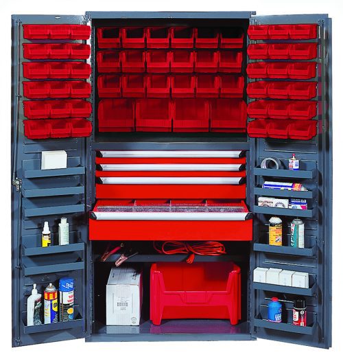 The Quantum Heavy-Duty 36 Bin Cabinet, with an 800 lb. capacity per interior shelf, features a 14 gauge all-welded construction and contains multiple door shelves, drawers of various sizes, and several red bins for organized tool storage. It measures 36W x 24D x 72H with a gray powder-coated finish.
