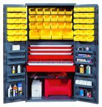 The Quantum Heavy-Duty 36 Bin Cabinet features 14 gauge all-welded construction, yellow bins, red drawers, and multiple shelves holding tools. A red extension cord sits in the center. Interior shelves support up to 800 lbs., while each door shelf holds up to 60 lbs.