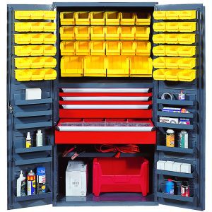 The Quantum Heavy-Duty 36 Bin Cabinet features 14 gauge all-welded construction, yellow bins, red drawers, and multiple shelves holding tools. A red extension cord sits in the center. Interior shelves support up to 800 lbs., while each door shelf holds up to 60 lbs.