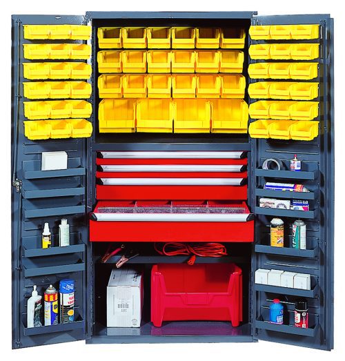 The Quantum Heavy-Duty 36 Bin Cabinet features 14 gauge all-welded construction, yellow bins, red drawers, and multiple shelves holding tools. A red extension cord sits in the center. Interior shelves support up to 800 lbs., while each door shelf holds up to 60 lbs.