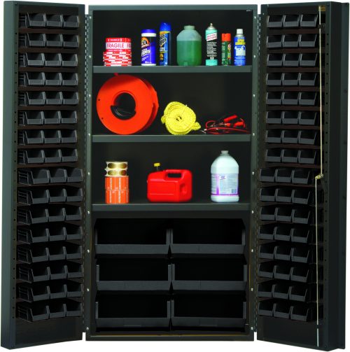 The Quantum Heavy-Duty Bin Cabinet features a robust 14-gauge all-welded construction and measures 36W x 24D x 72H. It includes three adjustable shelves and black bins, perfect for storing items like cleaning products, a red gas can, and an orange extension cord.