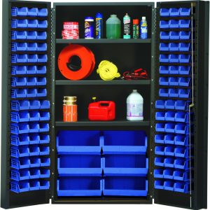 The Quantum Heavy-Duty 36 Bin Cabinet, featuring 14 gauge all welded construction and a gray powder-coated finish, includes open doors with blue bins inside. Its shelves can each hold up to 800 lbs., perfect for cleaning supplies, a red gas can, rope, tools, plus assorted cans and bottles on top.