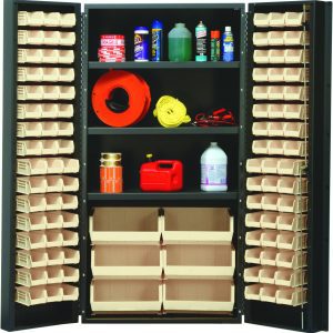 The Quantum Heavy-Duty 36 Bin Cabinet features 14-gauge all-welded construction with adjustable shelves, each supporting up to 800 lbs. It includes ivory bins in varying sizes, providing organized storage for cans, bottles, and cable reels in a gray powder-coated finish.