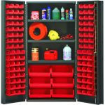 The Quantum Heavy-Duty 36 Bin Cabinet, 36W x 24D x 72H, features an impressive 800 lb. capacity per shelf and gray powder-coated finish. It includes three adjustable shelves and red bins filled with cleaning supplies, safety gear, ropes, spray bottles, tape, and a gas can.