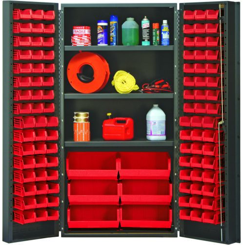 QSC-36S_RD.jpg The Quantum Heavy-Duty 36 Bin Cabinet, 36W x 24D x 72H, features an impressive 800 lb. capacity per shelf and gray powder-coated finish. It includes three adjustable shelves and red bins filled with cleaning supplies, safety gear, ropes, spray bottles, tape, and a gas can.