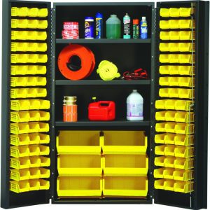 The Quantum Heavy-Duty 36 Bin Cabinet, measuring 36W x 24D x 72H with an 800 lb. capacity per shelf, contains various yellow bins and securely organizes tools like spray cans, bottles, a red gasoline container, and a yellow rope coil. It features all-welded construction and a gray powder-coated finish.