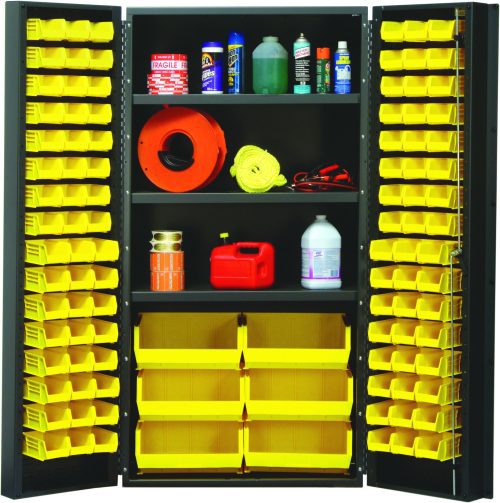The Quantum Heavy-Duty 36 Bin Cabinet, measuring 36W x 24D x 72H with an 800 lb. capacity per shelf, contains various yellow bins and securely organizes tools like spray cans, bottles, a red gasoline container, and a yellow rope coil. It features all-welded construction and a gray powder-coated finish.