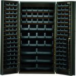 The Quantum Heavy-Duty 36 Bin Cabinet features an open design with multiple small black bins, including QUS236 models, neatly organized on shelves. It is constructed from 14-gauge welded steel with a gray powder-coated finish, exuding a sturdy industrial feel.