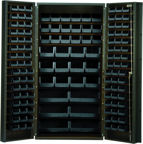 The Quantum Heavy-Duty 36 Bin Cabinet features an open design with multiple small black bins, including QUS236 models, neatly organized on shelves. It is constructed from 14-gauge welded steel with a gray powder-coated finish, exuding a sturdy industrial feel.