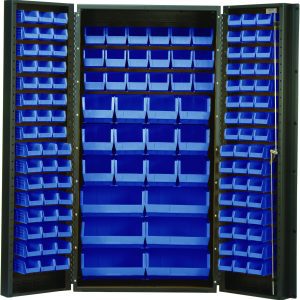 Introducing the Quantum Heavy-Duty 36 Bin Cabinet, featuring a robust 14 gauge all welded construction. This gray storage unit includes 68 blue bins of various sizes, neatly organized across three inner sections and door interiors for optimal compartmental storage. Model: QUS230.