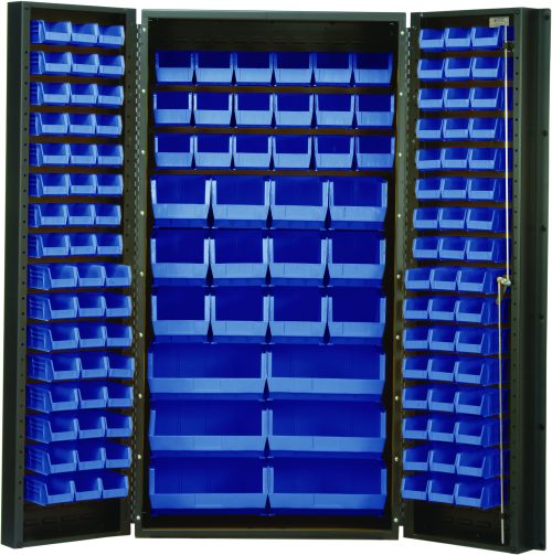 Introducing the Quantum Heavy-Duty 36 Bin Cabinet, featuring a robust 14 gauge all welded construction. This gray storage unit includes 68 blue bins of various sizes, neatly organized across three inner sections and door interiors for optimal compartmental storage. Model: QUS230.