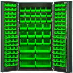 The Quantum Heavy-Duty 36 Bin Cabinet features a 14 gauge all welded construction and contains various green bins, including (16) QUS232, for efficient organization and easy access.