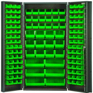 The Quantum Heavy-Duty 36 Bin Cabinet features a 14 gauge all welded construction and contains various green bins, including (16) QUS232, for efficient organization and easy access.