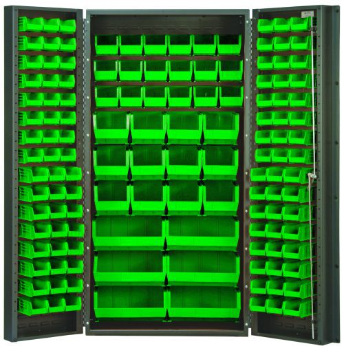 The Quantum Heavy-Duty 36 Bin Cabinet features a 14 gauge all welded construction and contains various green bins, including (16) QUS232, for efficient organization and easy access.