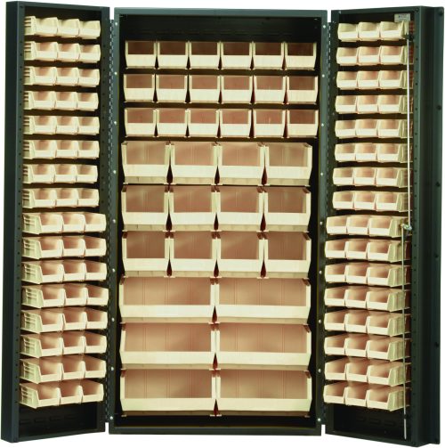 A tall, gray Quantum Heavy-Duty 36 Bin Cabinet with open doors displays numerous ivory QUS230 plastic bins in orderly rows. The 36W x 24D x 72H cabinet, made of 14-gauge all-welded steel, provides ample compartments for efficient item sorting and storage.