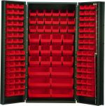 The 72 high Quantum Heavy-Duty 36 Bin Cabinet with a gray powder-coated finish and 14-gauge welded construction features open storage. It includes red bins: (16) QUS232, (16) QUS236, (18) QUS230, (12) QUS240, and (6) QUS250, arranged on doors and shelves for efficient organization.