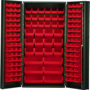 The 72 high Quantum Heavy-Duty 36 Bin Cabinet with a gray powder-coated finish and 14-gauge welded construction features open storage. It includes red bins: (16) QUS232, (16) QUS236, (18) QUS230, (12) QUS240, and (6) QUS250, arranged on doors and shelves for efficient organization.