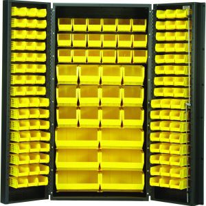 The Quantum Heavy-Duty 36 Bin Cabinet, measuring 36W x 24D x 72H, features a robust gray powder-coated metal frame with an all-welded construction. It displays yellow bins—16 QUS232, 16 QUS236, 18 QUS230, 12 QUS240, and 6 QUS250—neatly organized on its shelves and doors.