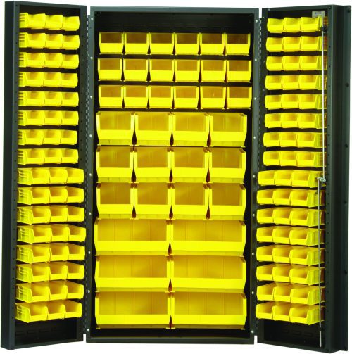 The Quantum Heavy-Duty 36 Bin Cabinet, measuring 36W x 24D x 72H, features a robust gray powder-coated metal frame with an all-welded construction. It displays yellow bins—16 QUS232, 16 QUS236, 18 QUS230, 12 QUS240, and 6 QUS250—neatly organized on its shelves and doors.