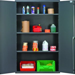 The Quantum Heavy-Duty 48 Cabinet, measuring 48W x 24D x 78H, features three adjustable shelves with a 400 lb. capacity each. Its sturdy metal double doors and gray powder-coated finish safely store items like cans, bottles, tape rolls, and supply bins.