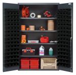 The Quantum Heavy-Duty 48 Bin Cabinet features open doors revealing tools and supplies like a hose, hard hat, tape, cleaning supplies, and a toolbox on sturdy shelves. Its gray powder-coated finish ensures durability with a 400 lb. capacity per shelf within its 48W x 24D x 78H frame.