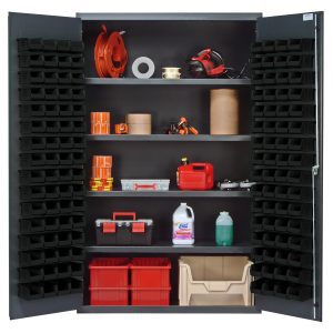 The Quantum Heavy-Duty 48 Bin Cabinet features open doors revealing tools and supplies like a hose, hard hat, tape, cleaning supplies, and a toolbox on sturdy shelves. Its gray powder-coated finish ensures durability with a 400 lb. capacity per shelf within its 48W x 24D x 78H frame.