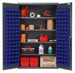 The Quantum Heavy-Duty 48 Bin Cabinet, measuring 48W x 24D x 78H and offering a 400 lb. capacity per interior shelf, has open doors showcasing tools, supplies, a red toolbox, cleaning supplies, paper towels, and a red gas can. It features four adjustable shelves and 128 QUS210 blue bins for organizing essentials.