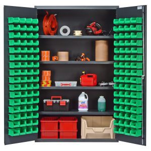 The Quantum Heavy-Duty 48 Bin Cabinet features an all-welded, 14-gauge construction with a gray powder-coated finish. It measures 48W x 24D x 78H and has open doors displaying organized shelves, four adjustable shelves, and includes 128 QUS210 green bins for efficient storage.