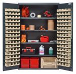 The Quantum Heavy-Duty 48 Bin Cabinet features a gray powder-coated finish, four adjustable shelves with a 400 lb. capacity each, and includes 128 QUS210 ivory bins on the doors for easy organization of tools, fire extinguisher, red containers, and cleaning supplies.