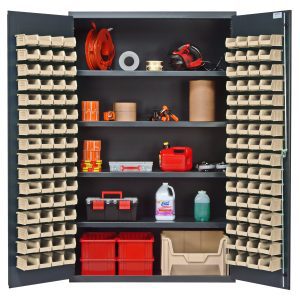 The Quantum Heavy-Duty 48 Bin Cabinet features a gray powder-coated finish, four adjustable shelves with a 400 lb. capacity each, and includes 128 QUS210 ivory bins on the doors for easy organization of tools, fire extinguisher, red containers, and cleaning supplies.