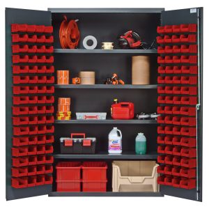 The Quantum Heavy-Duty 48 Bin Cabinet, measuring 48W x 24D x 78H, features a gray powder-coated finish and includes four adjustable shelves. Each shelf has a 400 lb. capacity and comes with 128 Qus210 red bins for organized storage of various items.