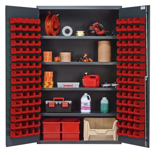QSC-4803_RD.jpg The Quantum Heavy-Duty 48 Bin Cabinet, measuring 48W x 24D x 78H, features a gray powder-coated finish and includes four adjustable shelves. Each shelf has a 400 lb. capacity and comes with 128 Qus210 red bins for organized storage of various items.