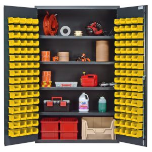 The Quantum Heavy-Duty 48 Bin Cabinet features gray powder-coated doors revealing adjustable shelves and 128 Qus210 yellow bins for storing hoses, tapes, and tools. Its durable 14-gauge all-welded construction supports up to 400 lbs per shelf, with a size of 48W x 24D x 78H.