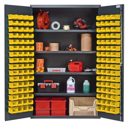 The Quantum Heavy-Duty 48 Bin Cabinet features gray powder-coated doors revealing adjustable shelves and 128 Qus210 yellow bins for storing hoses, tapes, and tools. Its durable 14-gauge all-welded construction supports up to 400 lbs per shelf, with a size of 48W x 24D x 78H.