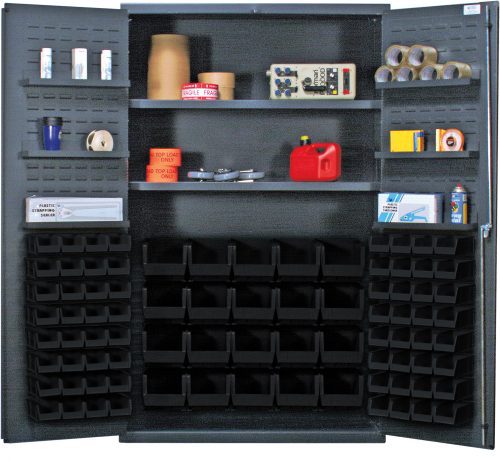 QSC-4804_BK.jpg A Quantum Heavy-Duty 48 Bin Cabinet in gray reveals organized shelves with tools, tape, a red gas can, spray paints, and small black bins. Each interior shelf supports 400 lbs., while each door shelf holds 60 lbs. With 14-gauge all-welded construction, this cabinet includes adjustable and door shelves.
