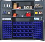The Quantum Heavy-Duty 48 Bin Cabinet, measuring 48W X 24D X 78H, features (2) adjustable interior and (6) door shelves with a capacity of up to 400 lb. each. It includes (20) QUS240 and (64) QUS220 blue bins for storage, ideal for diverse items like tape rolls and electronic devices.
