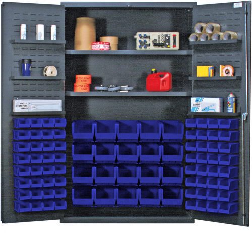 QSC-4804_BL.jpg The Quantum Heavy-Duty 48 Bin Cabinet, measuring 48W X 24D X 78H, features (2) adjustable interior and (6) door shelves with a capacity of up to 400 lb. each. It includes (20) QUS240 and (64) QUS220 blue bins for storage, ideal for diverse items like tape rolls and electronic devices.