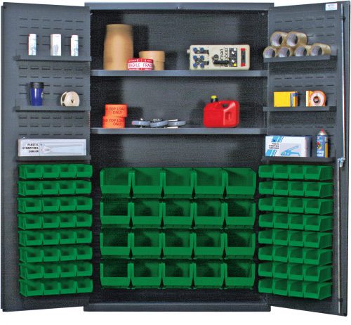 The Quantum Heavy-Duty 48 Bin Cabinet features dual doors revealing shelves storing tape rolls, a gasoline can, a circuit board, and containers. The bottom section is packed with green bins. Door shelves hold more supplies. Each interior shelf supports 400 lbs., while each door shelf handles 60 lbs.