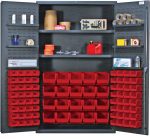 The Quantum Heavy-Duty 48 Bin Cabinet features 14-gauge all welded construction and includes adjustable interior shelves supporting up to 400 lb. and door shelves up to 60 lb. It comes with (20) Qus240 and (64) Qus220 red bins for efficient organization, perfect for storing tools and supplies.