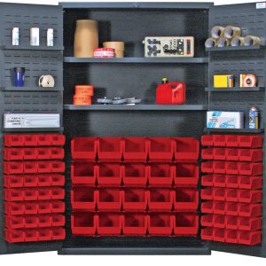 The Quantum Heavy-Duty 48 Bin Cabinet features 14-gauge all welded construction and includes adjustable interior shelves supporting up to 400 lb. and door shelves up to 60 lb. It comes with (20) Qus240 and (64) Qus220 red bins for efficient organization, perfect for storing tools and supplies.