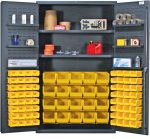 The Quantum Heavy-Duty 48 Bin Cabinet has a 400 lb. capacity per interior shelf and 60 lb. per door shelf. It includes (20) QUS240 and (64) QUS220 yellow bins, with shelves for organizing tape, labels, a small red fuel can, and a blue and white box in its sturdy 14-gauge all-welded construction.