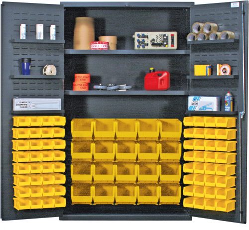QSC-4804_YL.jpg The Quantum Heavy-Duty 48 Bin Cabinet has a 400 lb. capacity per interior shelf and 60 lb. per door shelf. It includes (20) QUS240 and (64) QUS220 yellow bins, with shelves for organizing tape, labels, a small red fuel can, and a blue and white box in its sturdy 14-gauge all-welded construction.